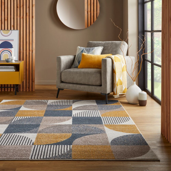 Kusový koberec Rio Retro Geo Blue/Ochre