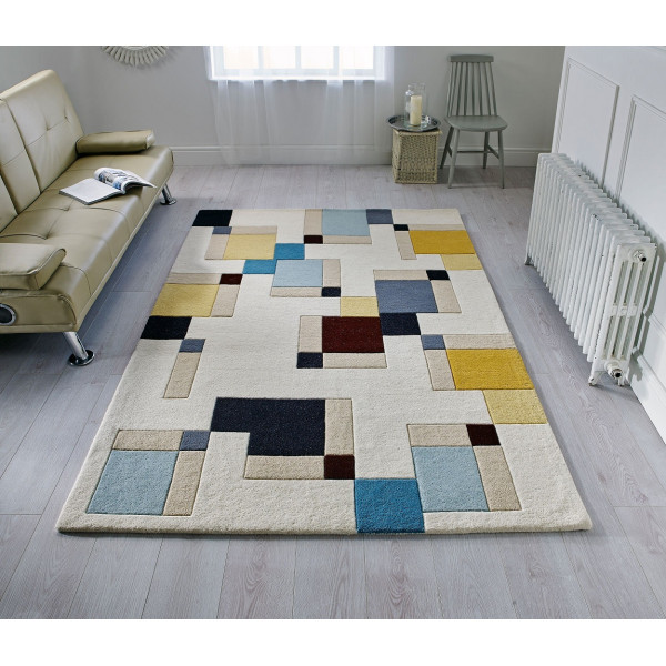 Ručne všívaný kusový koberec Illusion Abstract Blocks Blue / Ochre