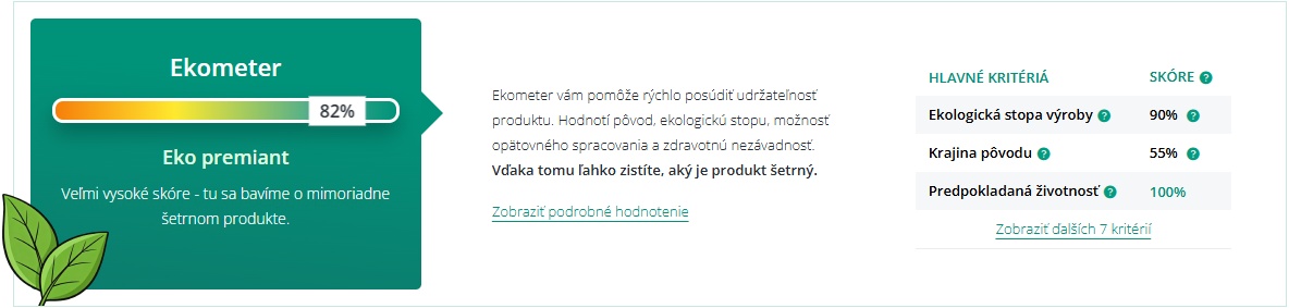 Uk&aacute;žka Ekometra v detaile produktu &ndash; eko sk&oacute;re, slovn&eacute; hodnotenie a hlavn&eacute; krit&eacute;ri&aacute;