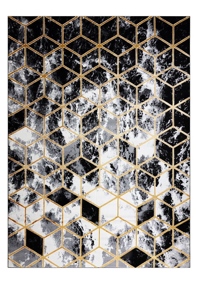 Dywany Łuszczów, Kusový koberec Gloss 409A 82 3D cubes black/gold/grey, 80x150, čiernobiela, kancelária