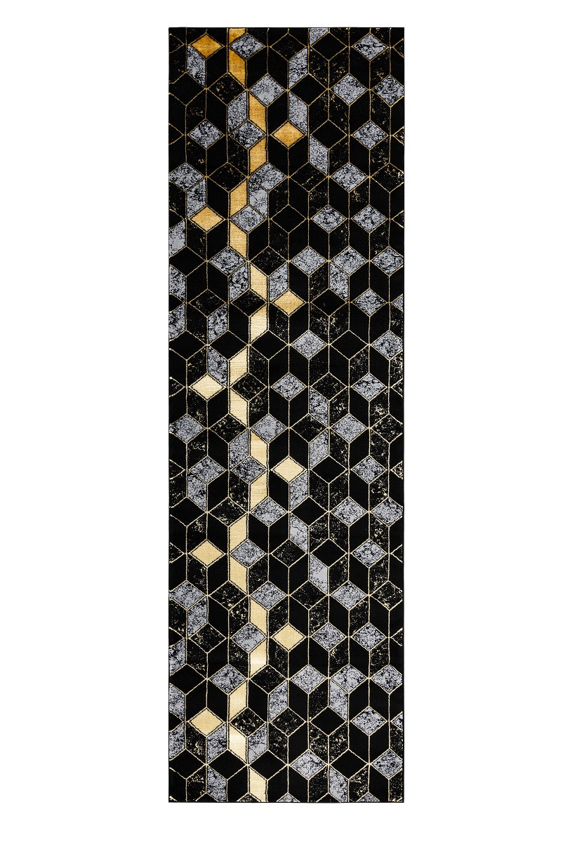 Dywany Łuszczów, Behúň Gloss 400B 86 3D geometric black/gold, 80x300, čierna, obývacia izba