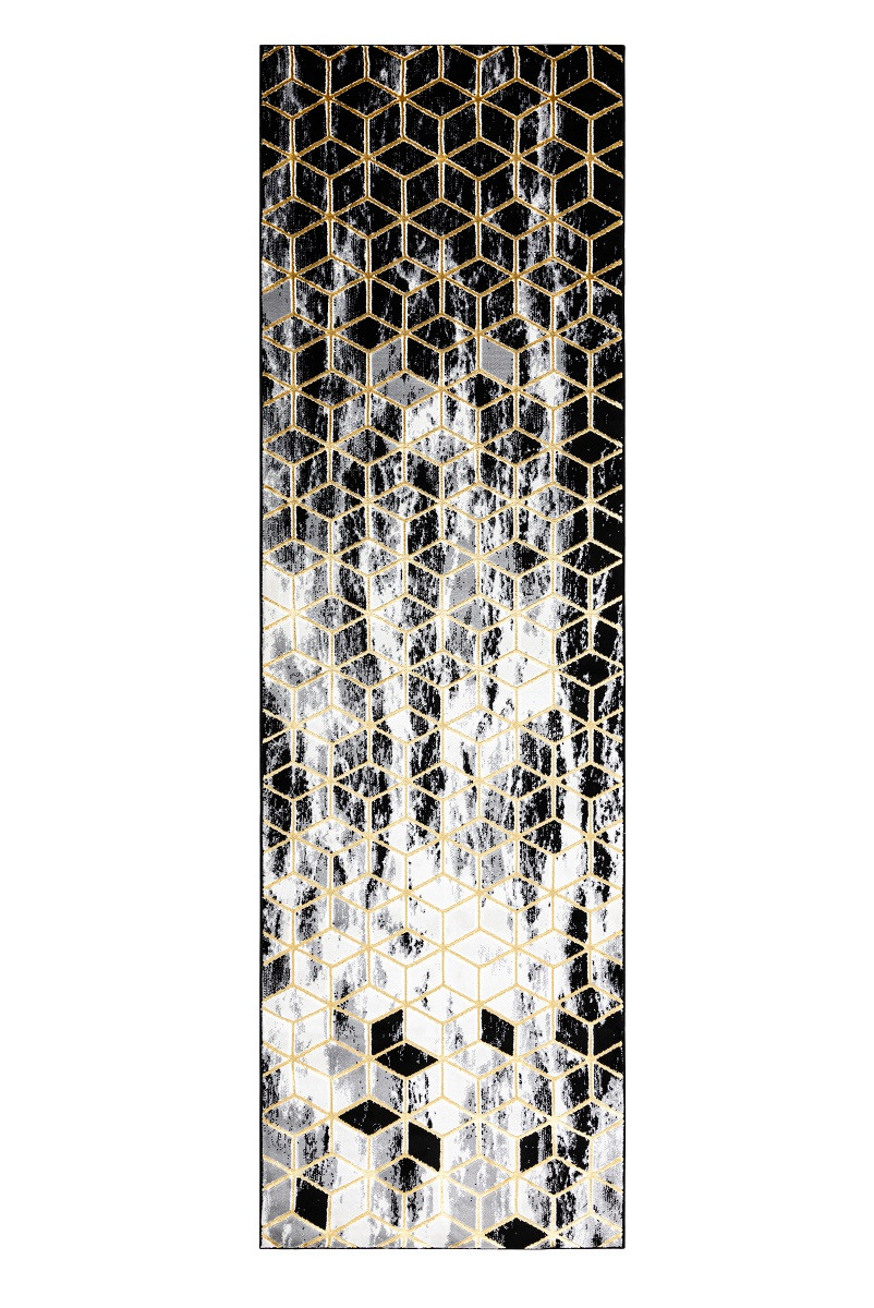 Dywany Łuszczów, Behúň Gloss 409A 82 3D cubes black/gold/grey, 80x250, čierna, obývacia izba