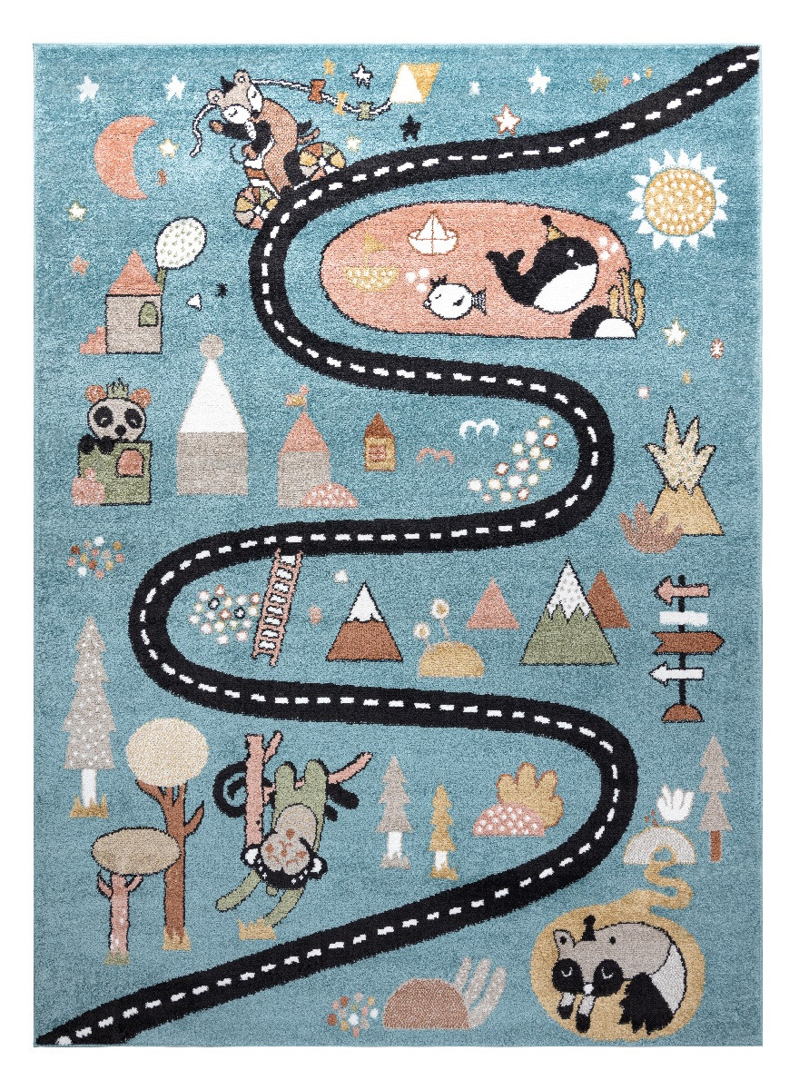 Dywany Łuszczów, Detský kusový koberec Fun Route Street animals blue, 200x290, modrá, detská izba