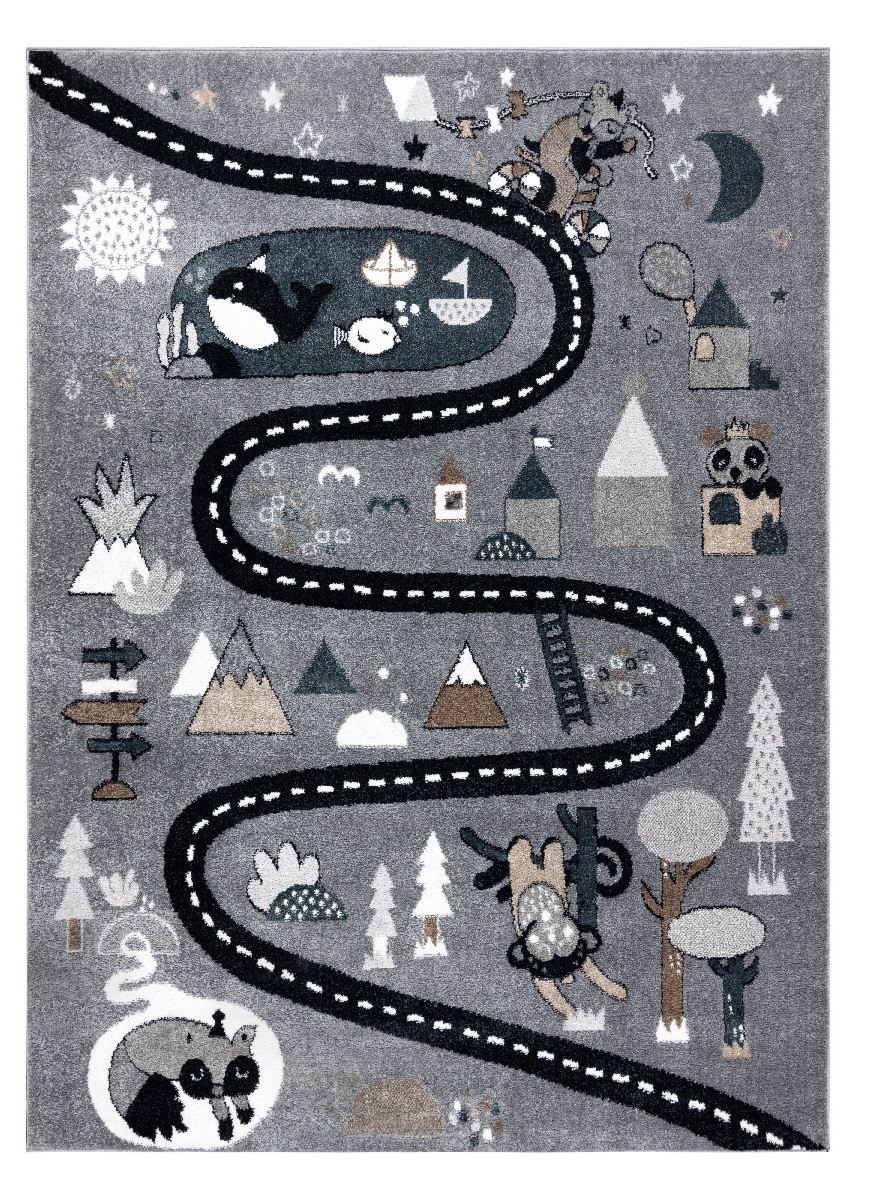 Dywany Łuszczów, Detský kusový koberec Fun Route Street animals grey, 200x290, šedá, detská izba