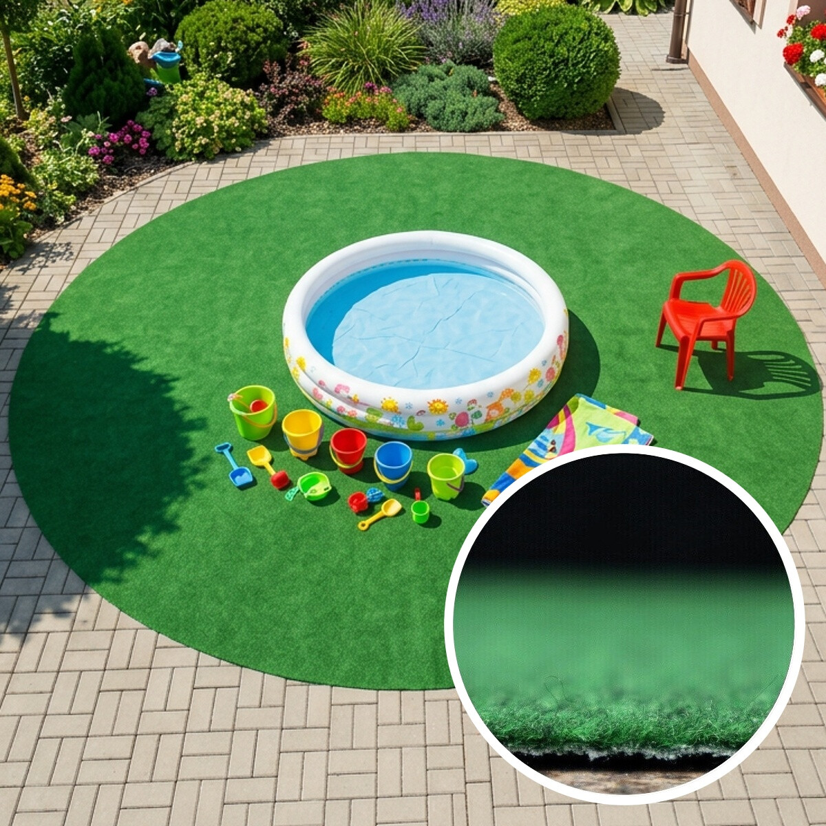 Betap, Umelá tráva pod bazén Sporting s nopmi KRUH (vhodný ako bazénová podložka) – na von aj na doma, 200x200 (priemer) kruh, zelená, exteriér