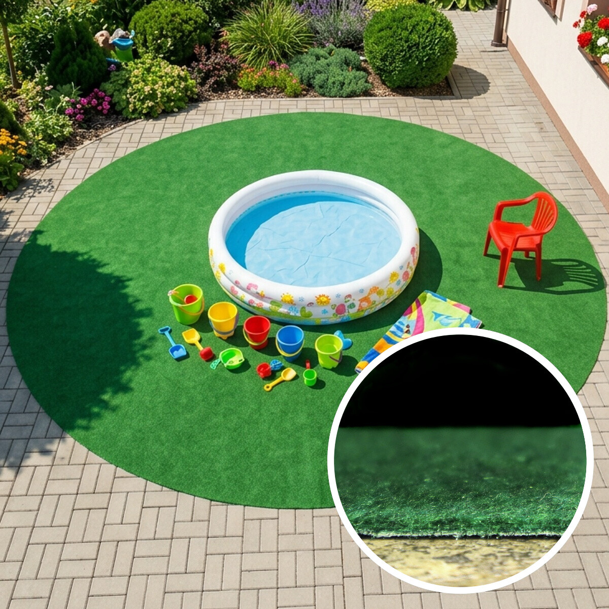 Umelá tráva pod bazén Sporting s nopmi KRUH (vhodný ako bazénová podložka) – na von aj na doma, 100x100 (priemer) kruh, zelená, exteriér, Betap